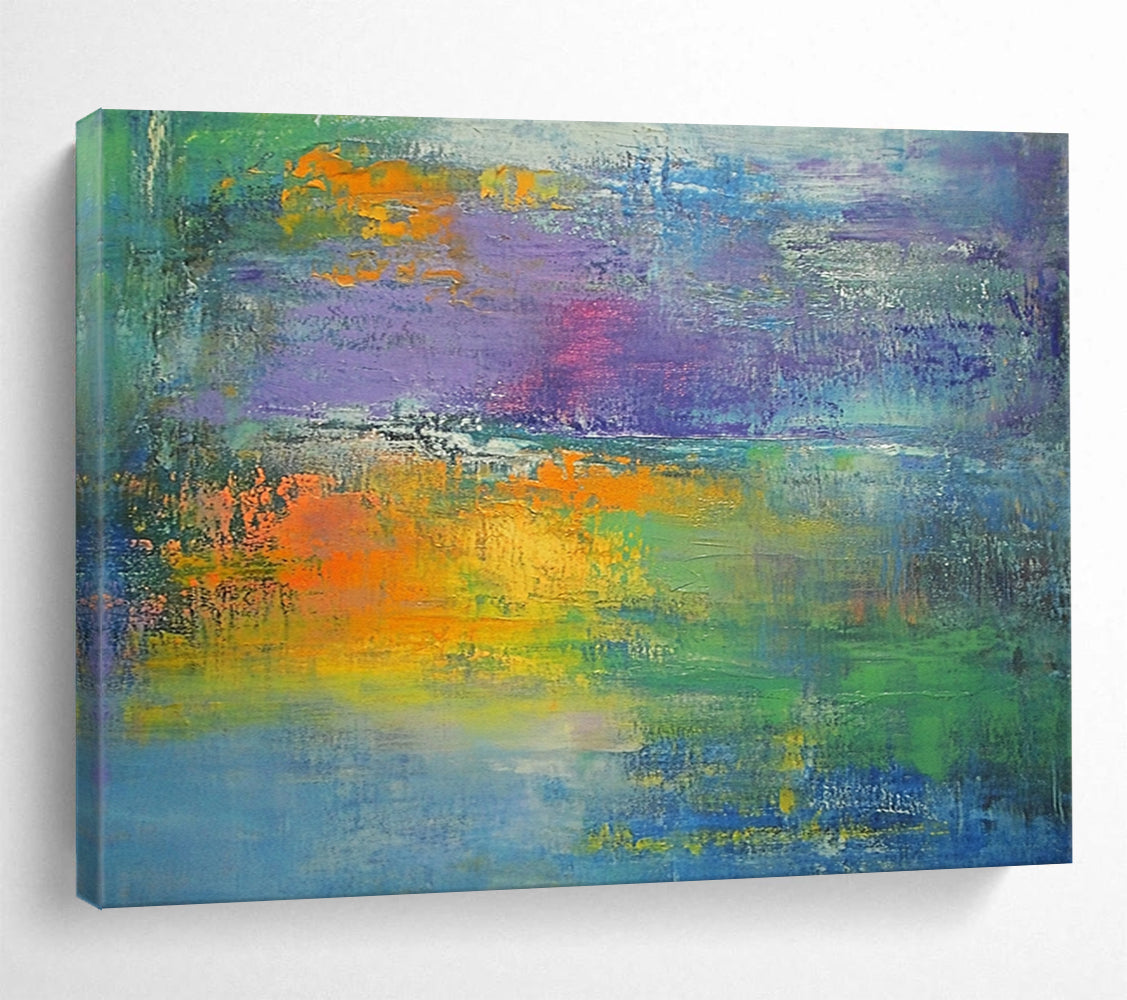 “Colorful Abstract Landscape” - Green, blue, purple, orange, yellow; Colorful abstract landscape with thick brushstrokes; Oil Painting On Canvas HB1275