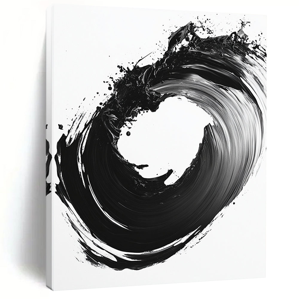 Black & White Circular Ink Brushstroke - “Infinite Ink Loop” Painting On Canvas HB230