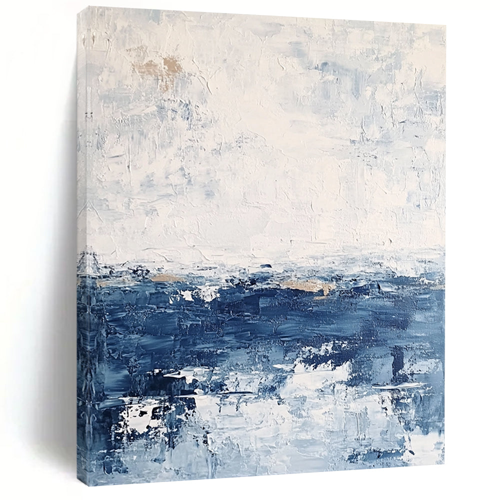 Contemporary abstract artwork featuring textured layers in neutral tones with blue sea and white sky for a minimalist landscape aesthetic. DLZ0364