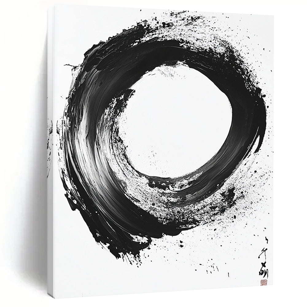 Black and White Textured Circle "Rough Zen" Painting On Canvas HB274