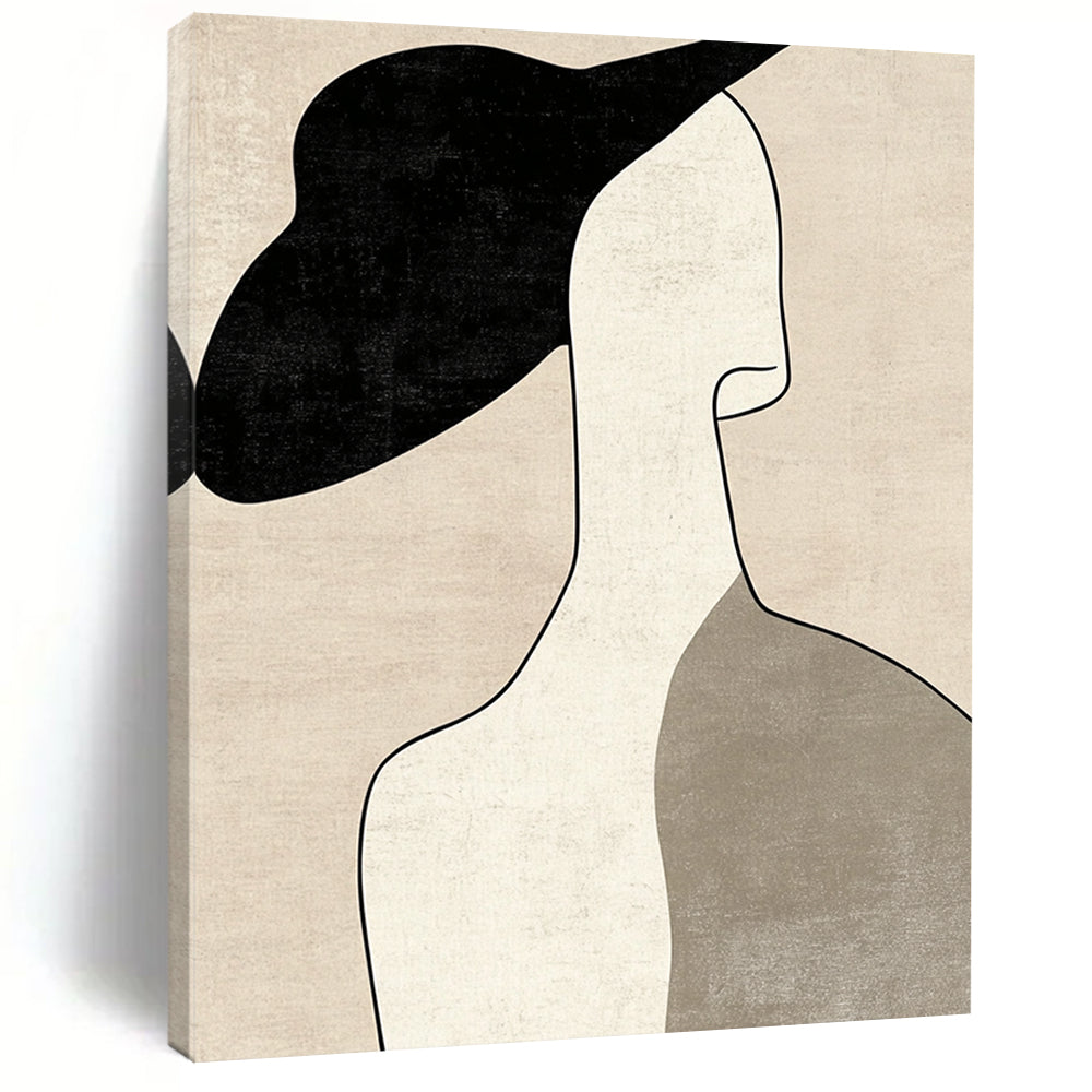 Contemporary minimalist art featuring a woman's profile with a hat in neutral tones and visible brush strokes on a beige background. DLZ1614