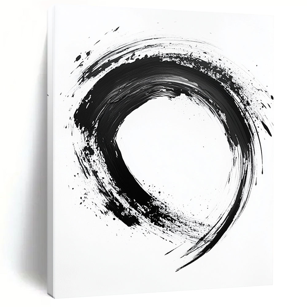 Black Textured Circular Ink - “Smooth Enso Flow” Painting On Canvas HB233