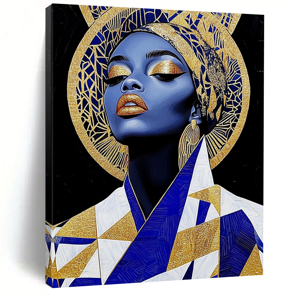Contemporary abstract art featuring an African queen in gold leaf jewelry and geometric patterns, set against bold black shapes for added depth. DLZ1086