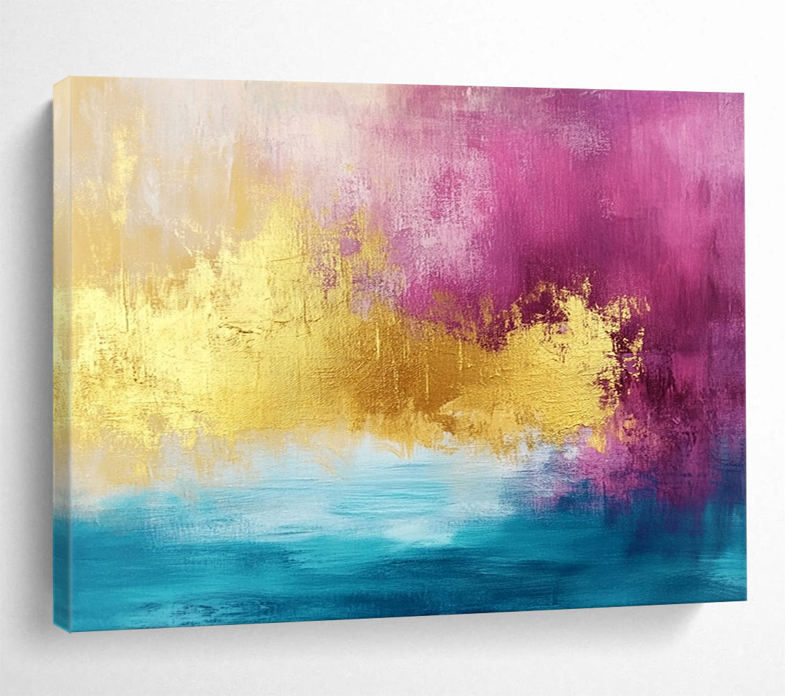 “Pink, Gold, and Blue Abstract” - Pink, Gold, Blue, Bold Color Blocks Painting On Canvas HB0883
