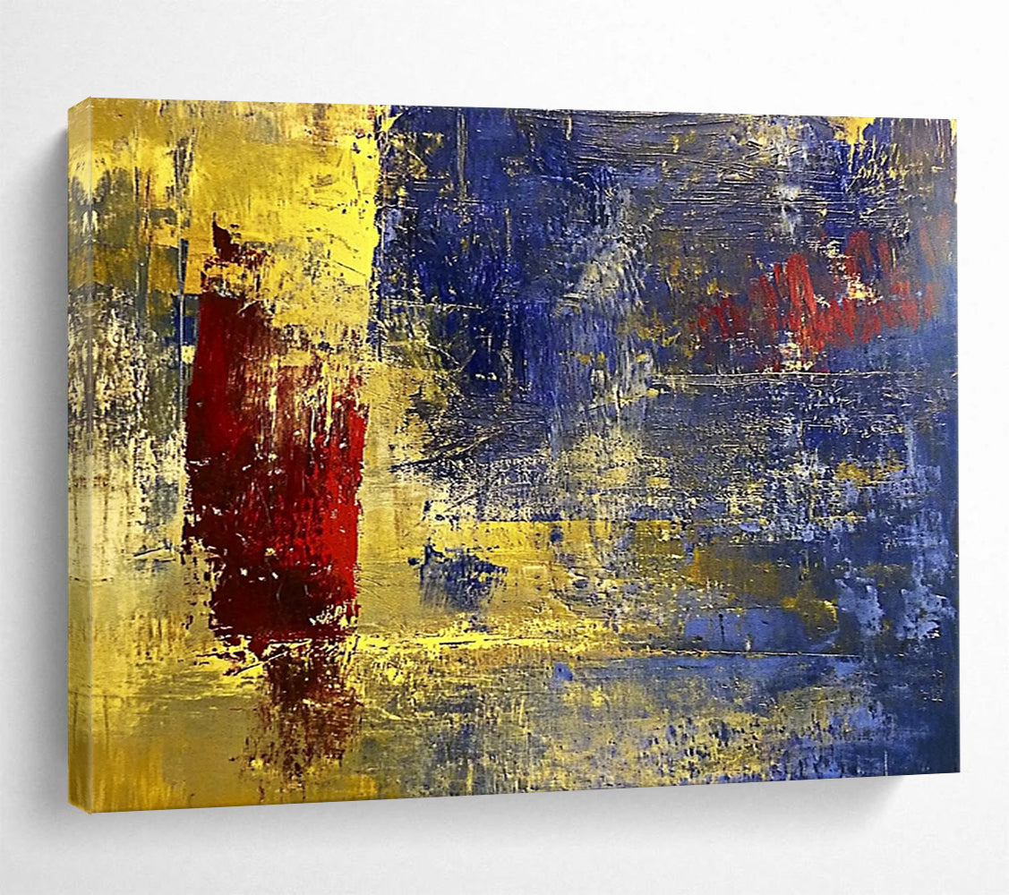 “Golden Blue Abstract” - Gold, Blue, Red, Textured Abstract Shapes Painting On Canvas HB0947