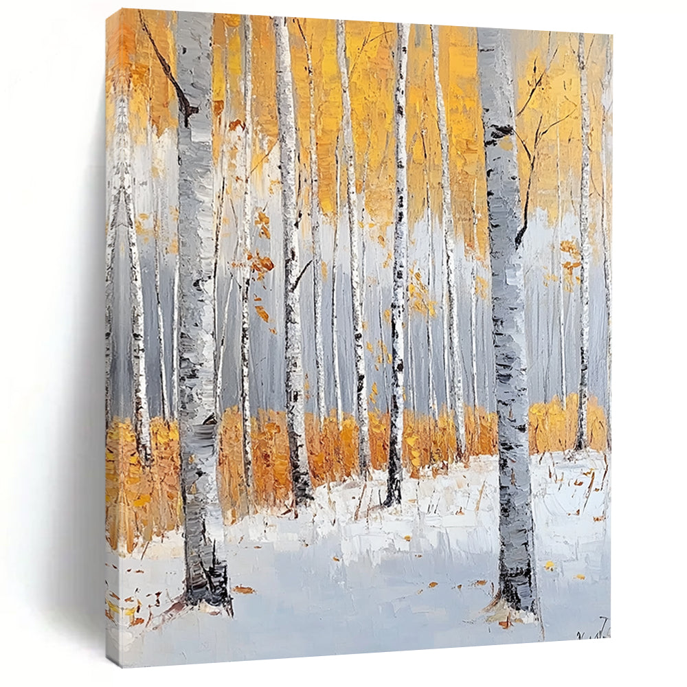 Large contemporary hand-painted abstract artwork featuring birch trees in light gray and amber, evoking tranquility with autumn foliage and snow. DLZ1103