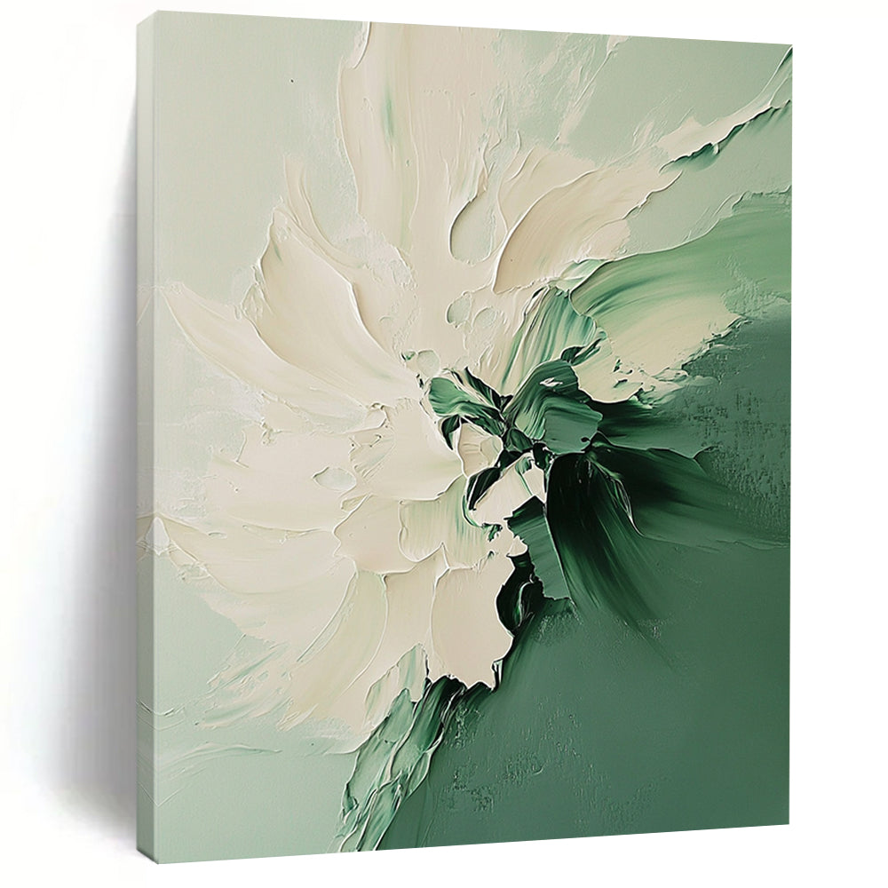 Contemporary abstract painting featuring a white and green flower with fluid shapes soft edges and vibrant colors in a dreamy texture. DLZ0606
