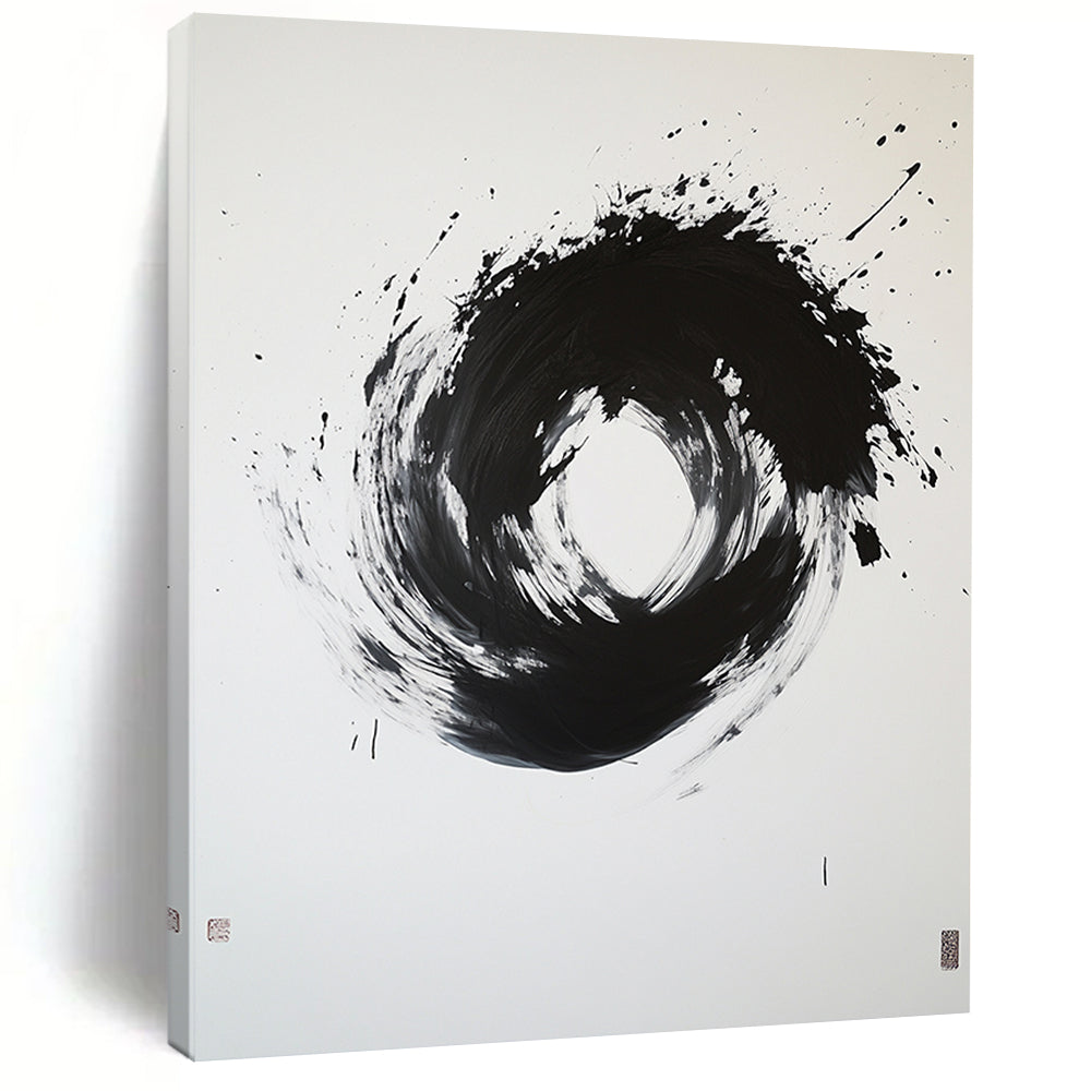 Black and White Splattered Circle "Energetic Enso" Painting On Canvas HB272