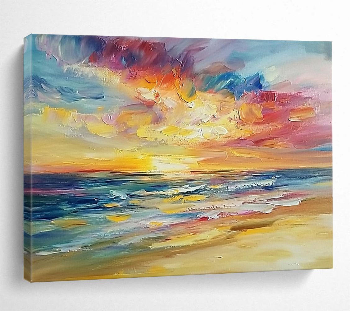 “Vibrant Sunset Sea” - Bold Orange, Pink, Purple, Blue, Impressionistic Sunset Beach Painting On Canvas HB0981