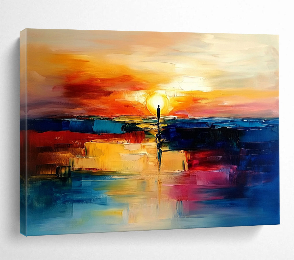 “Sunset Silhouette Reflection” - Orange, Red, Blue, Figure & Sunset Painting On Canvas HB0735