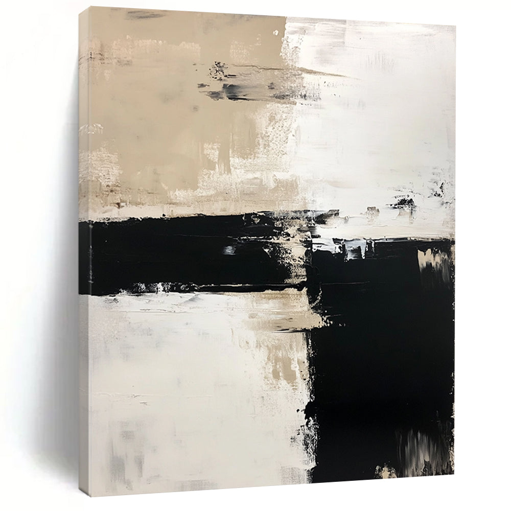 Contemporary hand-painted abstract art features a harmonious blend of white, beige, and black tones in acrylic paint for a modern aesthetic. DLZ0270