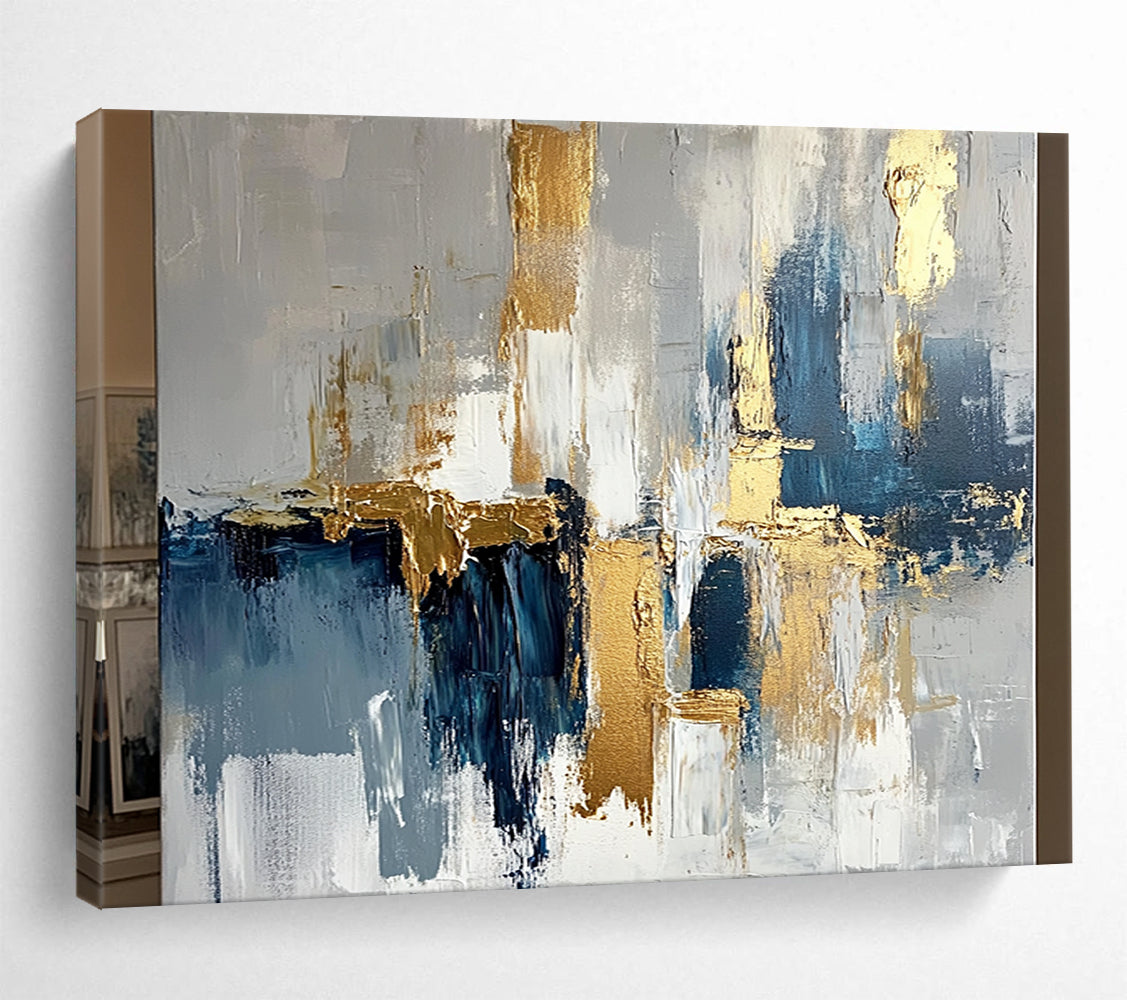 “Abstract Gold - Blue - Gray Cityscape” - Gold, Blue, Gray, White, Urban Shapes Painting On Canvas HB0818