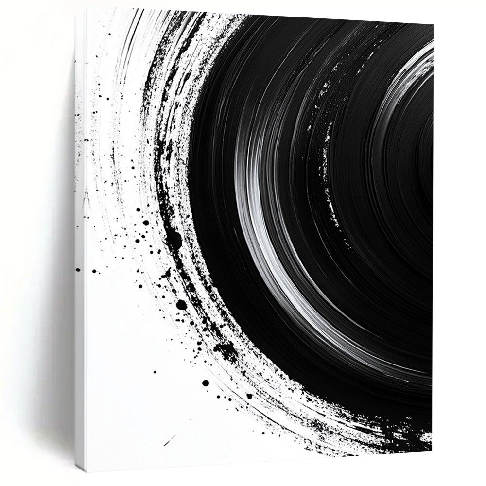 Black Concentric Brushstrokes on White - “Infinite Ink Vortex” Painting On Canvas HB217