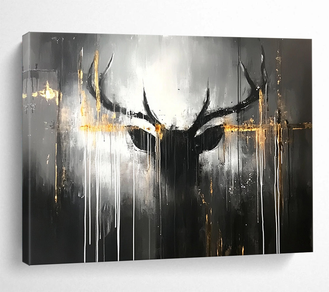 “Mystic Stag” - Dark grays, blacks, striking golds; Abstract stag head, dripping lines; Contemporary Animal Painting On Canvas HB1152