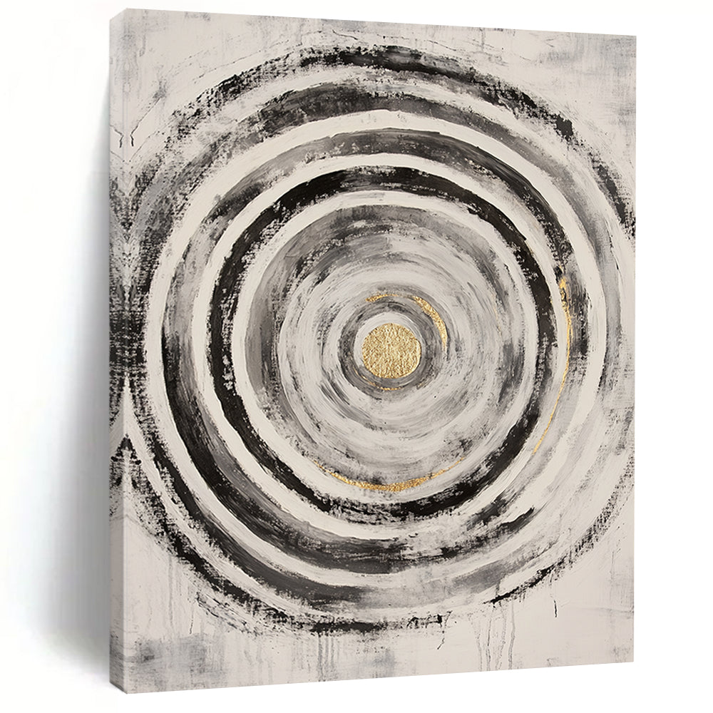 Black, White, Gray and Gold Concentric Circles "Energetic Vortex" Painting On Canvas HB381