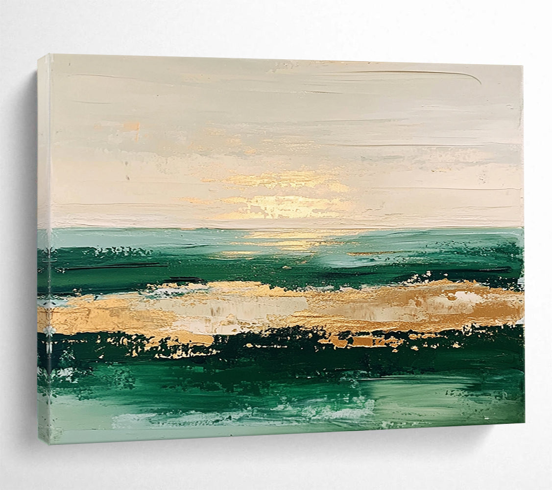 “Golden Sunset Seaview” - Green, Gold, Beige, Abstract Coastal Sunset Painting On Canvas HB1086