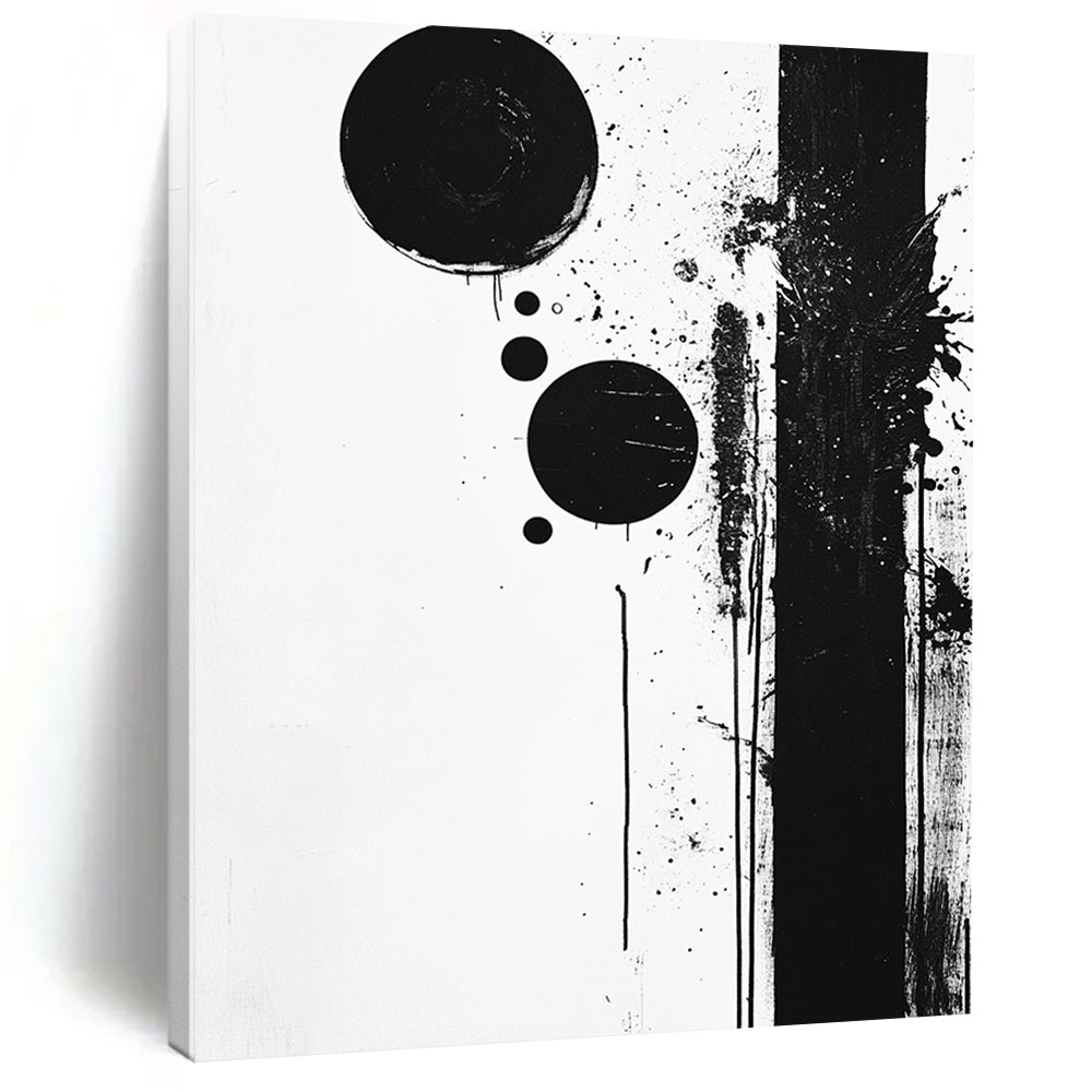 Black Circles, Dots & Splatter - “Dynamic Ink Spots” Painting On Canvas HB236