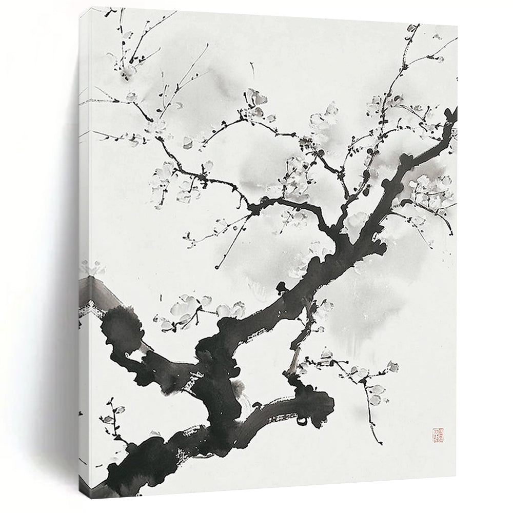 Black and White Ink - style Plum Blossom "Serene Bloom" Painting On Canvas HB322
