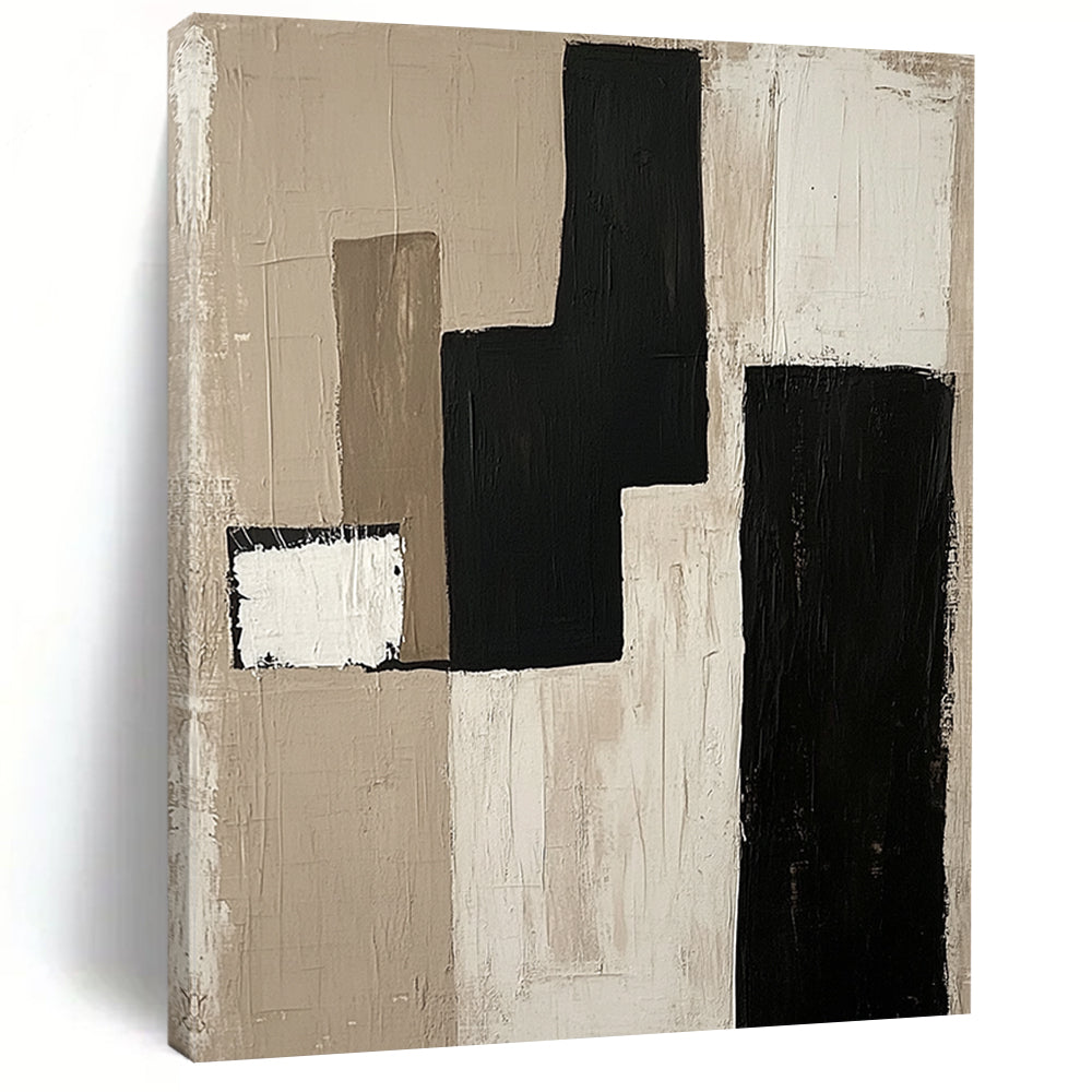 Contemporary hand-painted abstract artwork features minimalist composition with a monochromatic palette of beige black and white on unprimed canvas. DLZ0933
