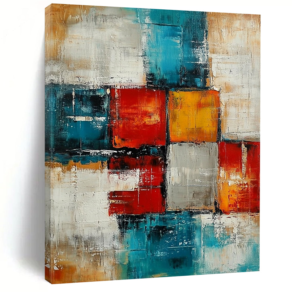 Contemporary abstract artwork featuring textured blocks and squares in teal, reds, oranges, gray, cream, and beige for a vibrant atmosphere. DLZ0478