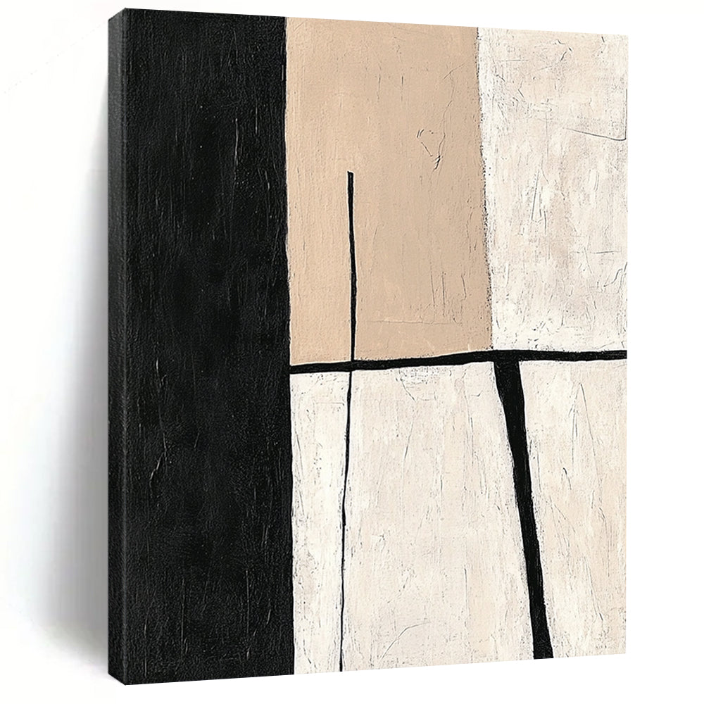 Contemporary hand-painted abstract work featuring minimalistic shapes in a balanced neutral palette of beige and black for an elegant modern aesthetic. DLZ0936