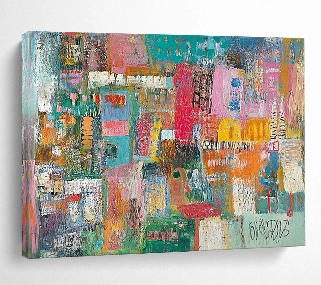 Colorful Urban Mosaic Collage – Mixed - Media Abstract Cityscape Painting HB1473