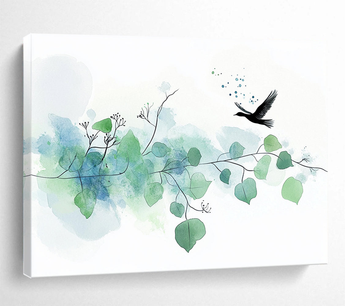 “Delicate Bird & Branches” - Green, Blue, Bird, Branches Painting On Canvas HB0762