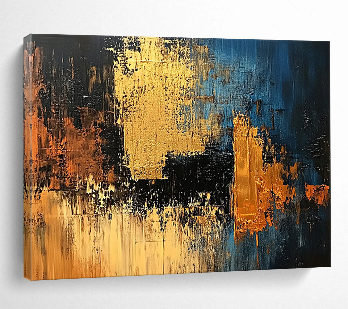 “Blue Gold Abstract” - Blue, black, gold, orange; Textured geometric abstract; Acrylic Painting On Canvas HB1212