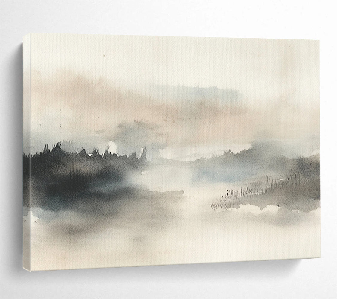 “Misty Landscape Watercolor” - Gray, Beige, Misty Landscape Watercolor On Canvas HB0717
