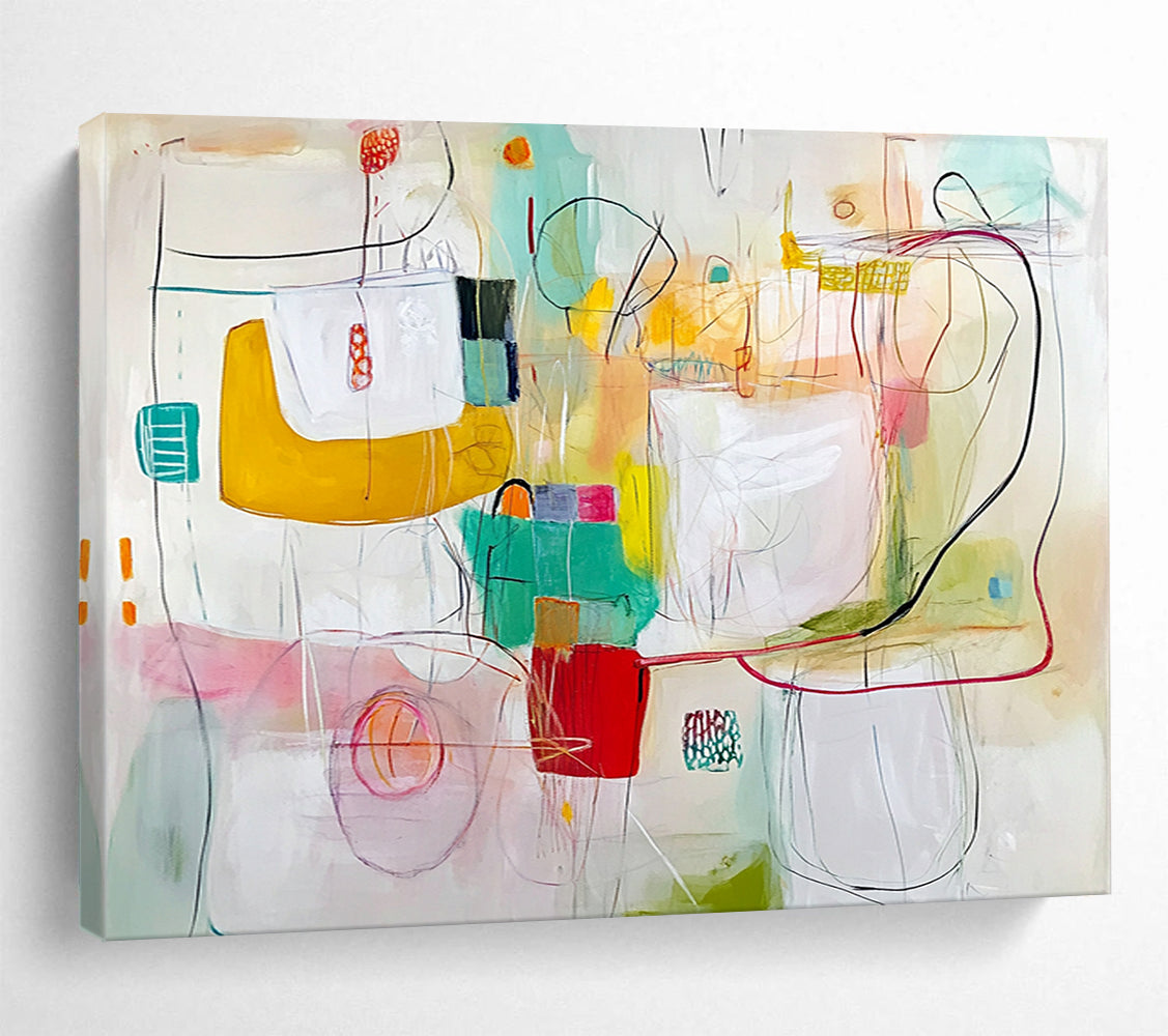 “Whimsical Color Doodles” - Pastel Colors, Abstract Shapes, Sketch - like Painting On Canvas HB1105