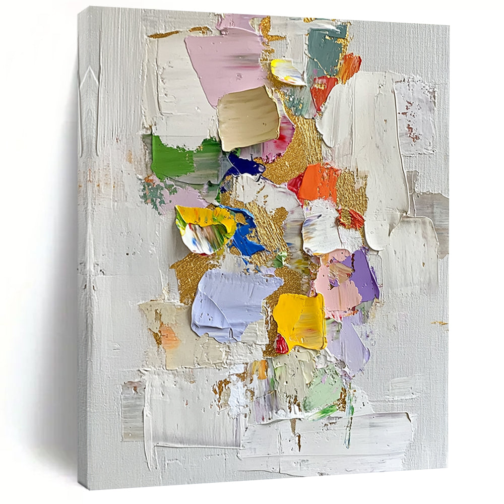 Contemporary abstract oil painting features gold leaf accents thick textures and vibrant colors on a white background with scattered colored paper pieces. DLZ0451