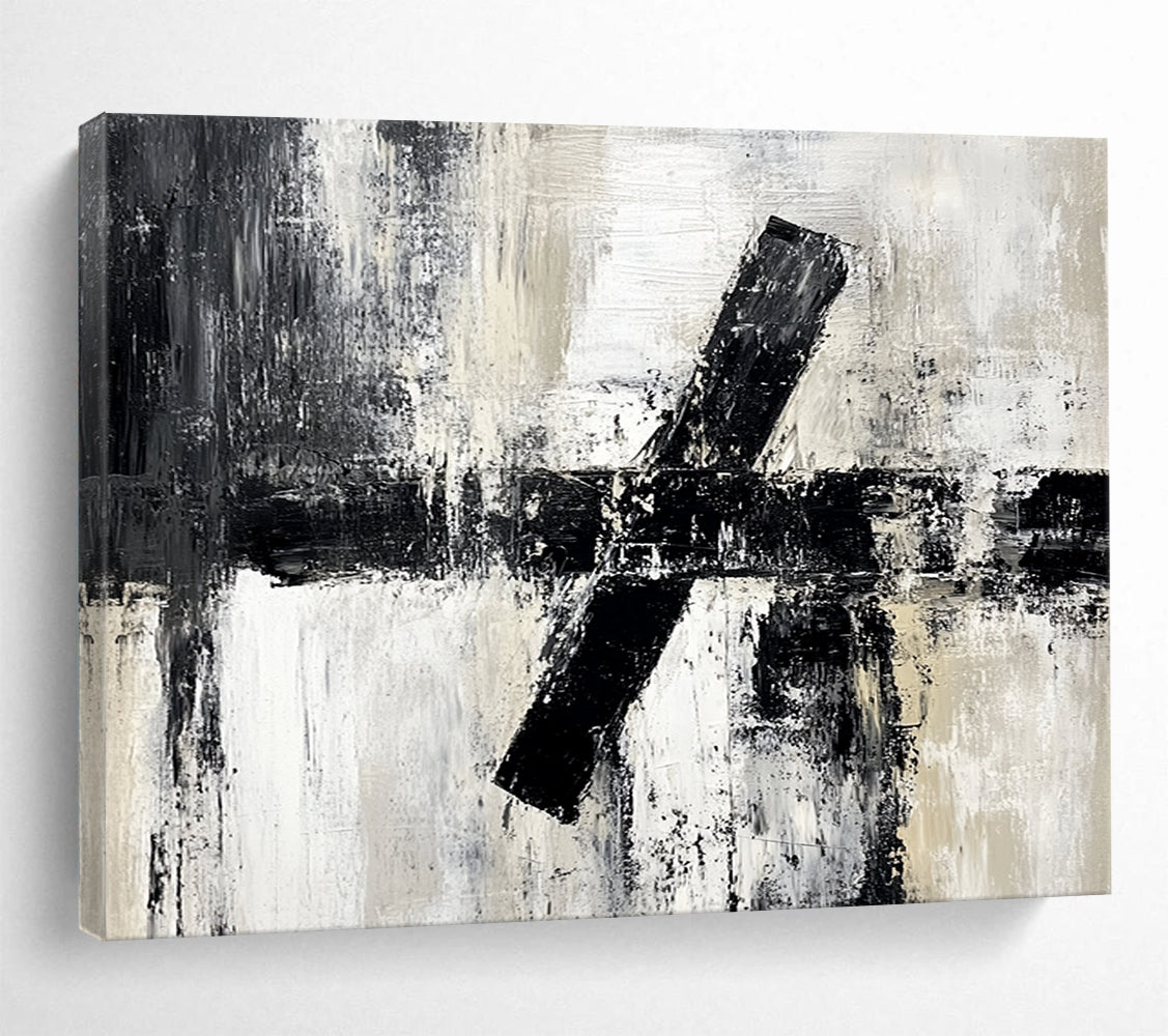 “Textured Black - White Cross Abstraction” - Black, White, Gray, Textured Crosses Painting On Canvas HB0803