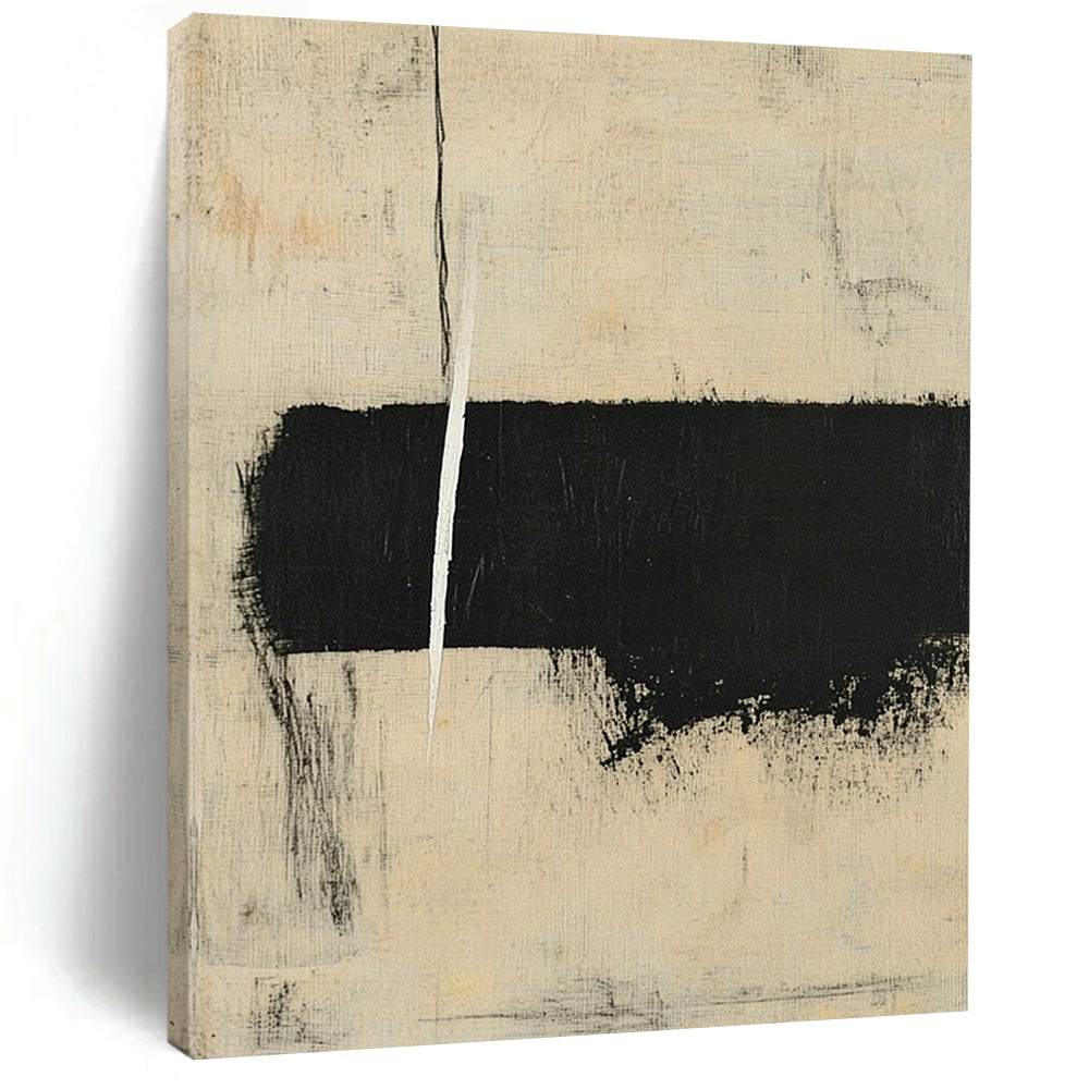 Large contemporary hand-painted abstract art featuring minimalistic shapes and brush strokes in black and beige with ample negative space. DLZ0941