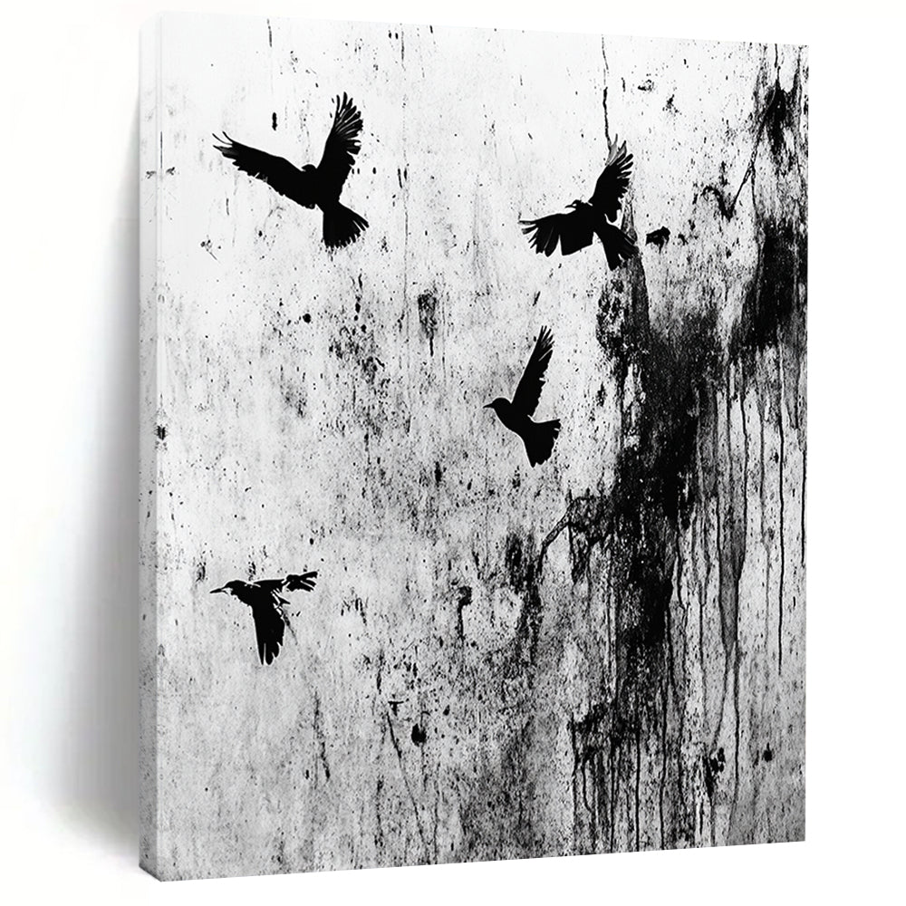 Black Birds on Grunge Wall "Urban Flight" Painting On Canvas HB304