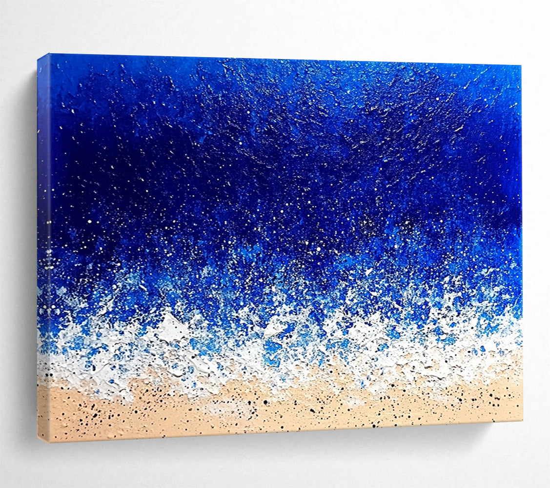“Textured Ocean Waves” - Deep blues, whites, beiges; Impasto waves crashing on a sandy beach; Palette Knife Acrylic Painting On Canvas HB1184