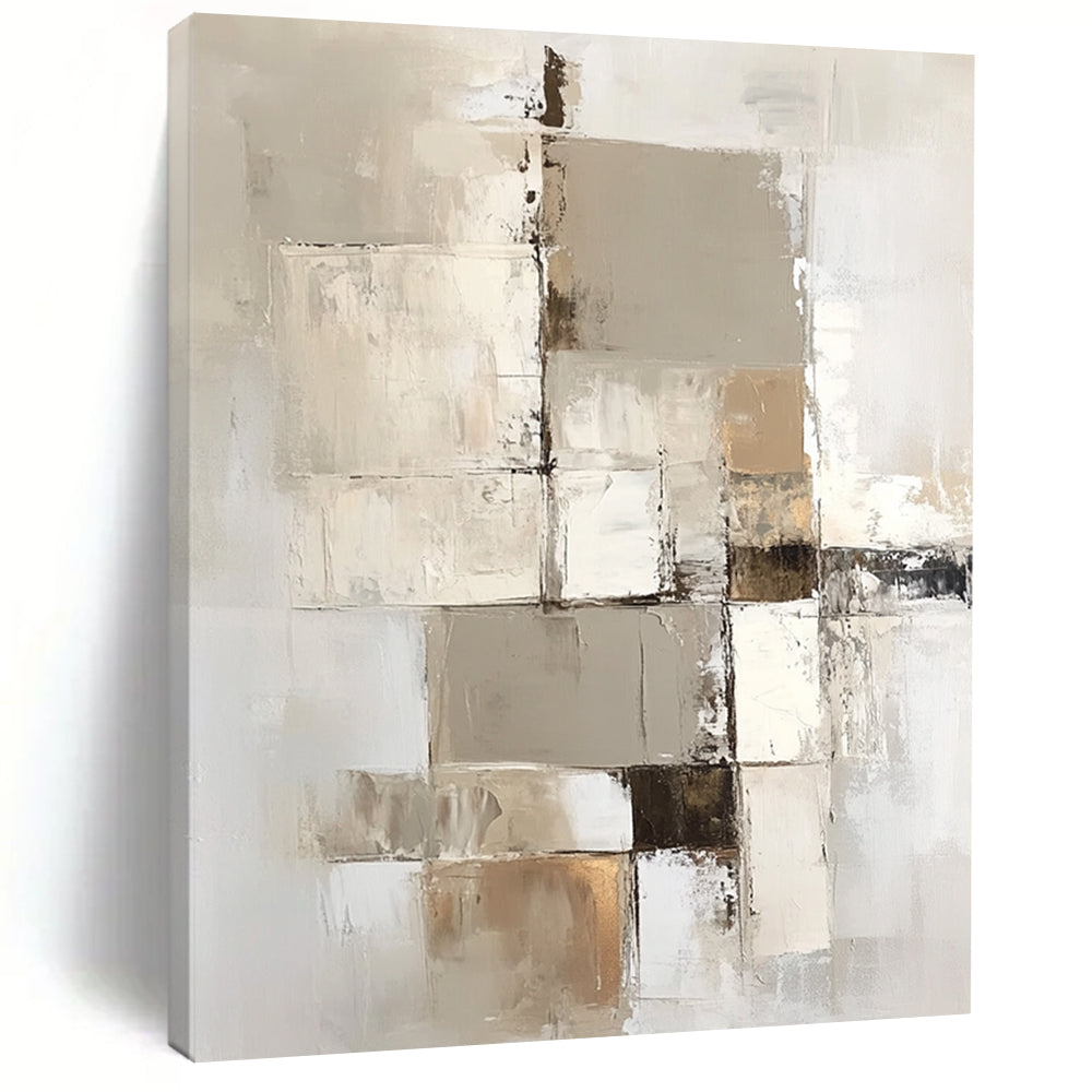 Large contemporary abstract painting with a beige and white palette showcasing geometric shapes and textures on a vertical canvas. DLZ0697