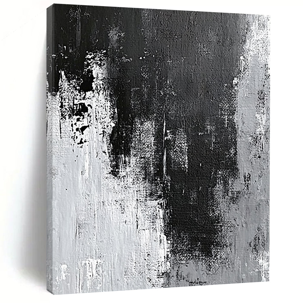 Contemporary hand-painted abstract artwork showcasing intricate gray and black textures with white wall effects and dynamic paint streaks and splashes. DLZ0395