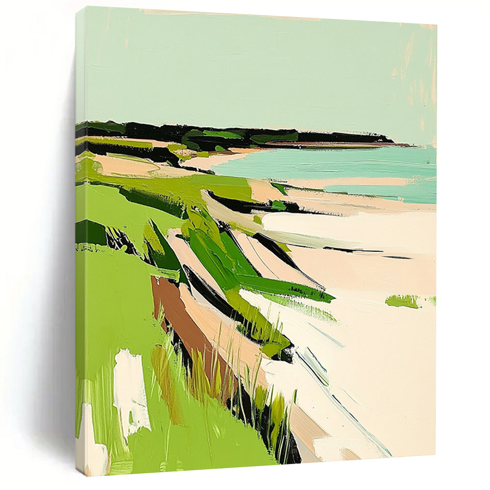 Contemporary abstract painting featuring New England coast with vibrant green grasses and serene white sandy beaches. Perfect for any modern space. DLZ0652
