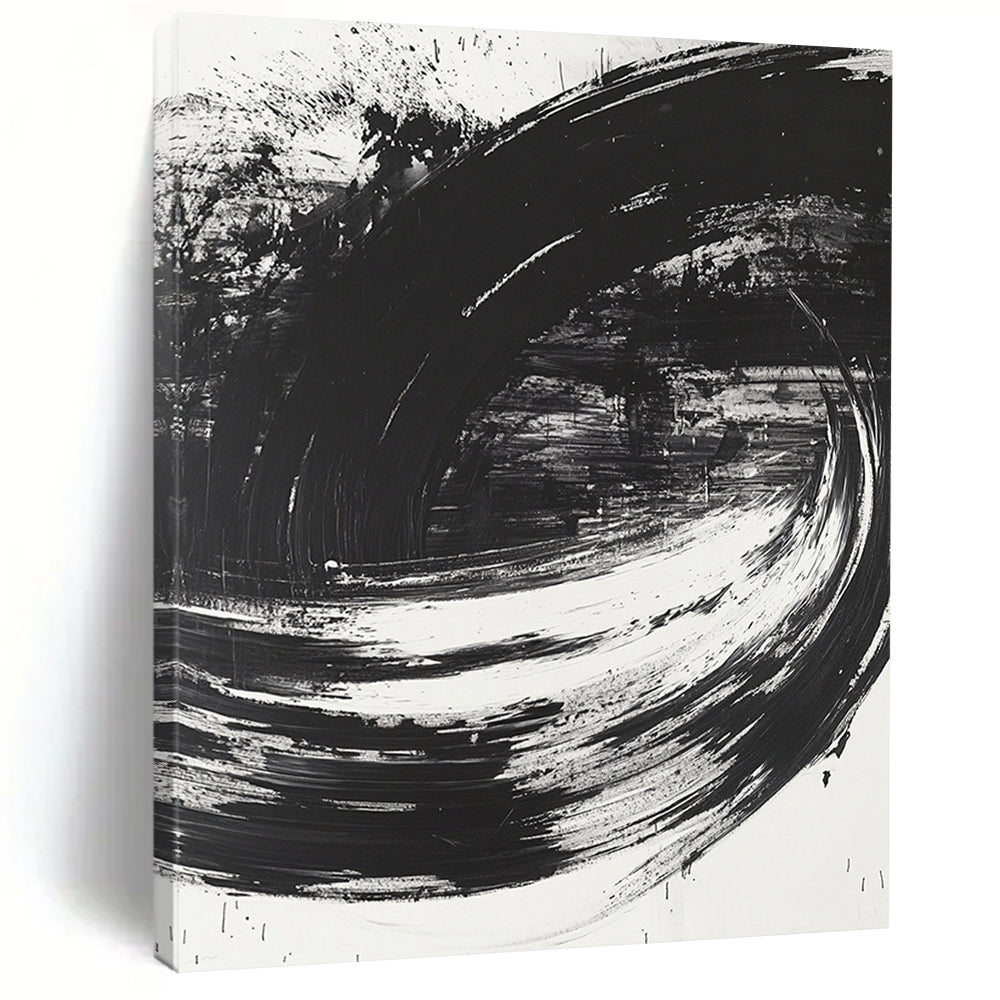 Black, White, Swirling Strokes "Monochrome Vortex" Abstract Modernist Painting On Canvas HB093