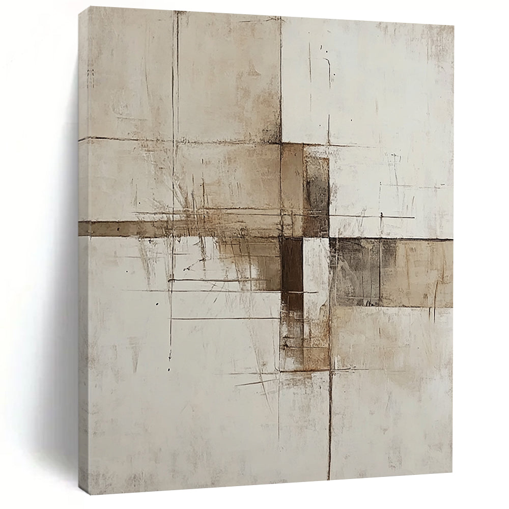 Contemporary hand-painted abstract artwork featuring minimalist deconstructed forms in beige white and brown inspired by architectural structures. DLZ0540