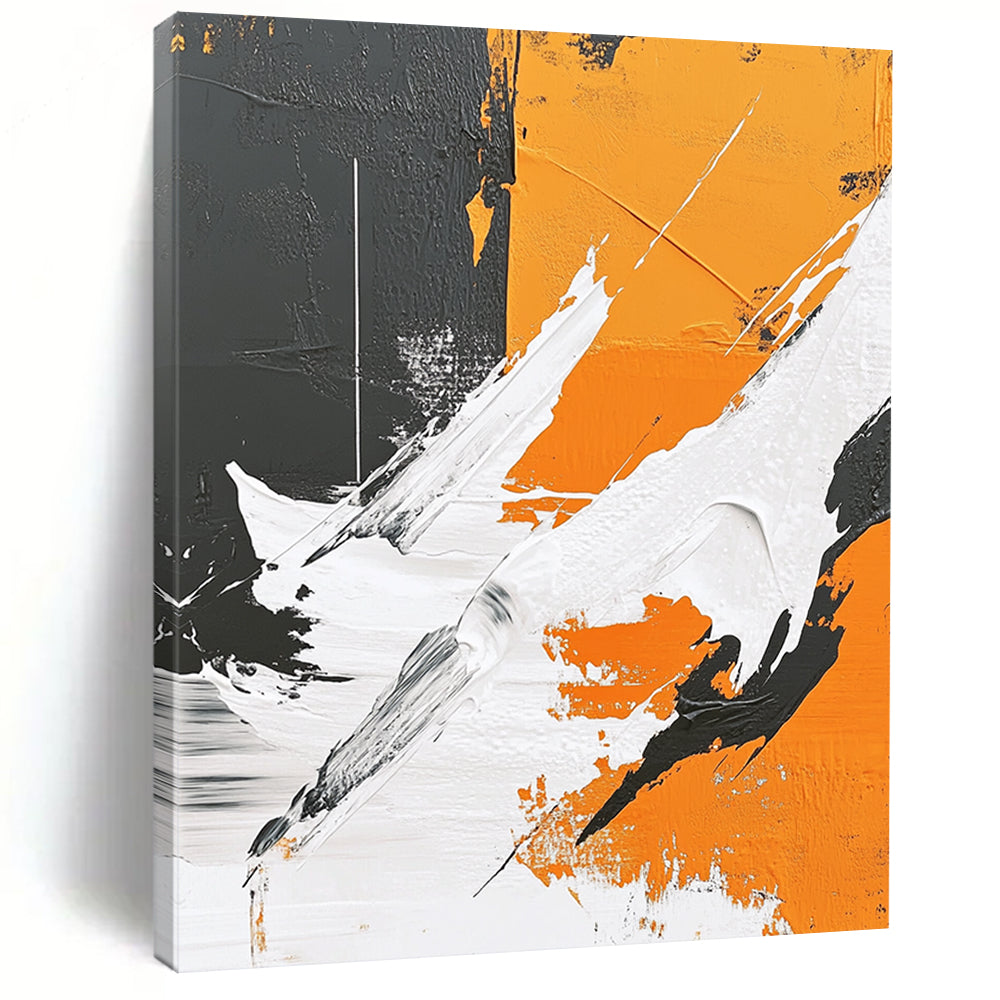 Contemporary hand-painted abstract art featuring thick brushstrokes, geometric elements, and a polar bear silhouette against a gray background with vibrant orange and white details. DLZ0653