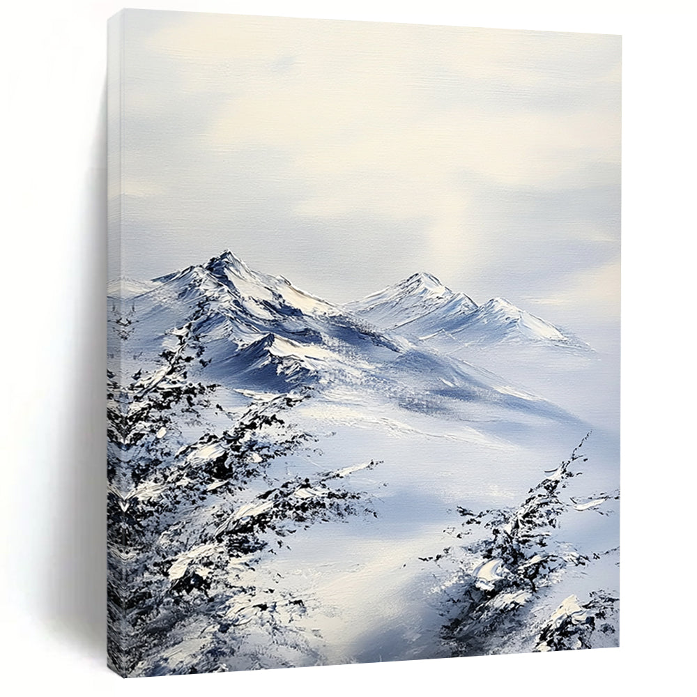 Contemporary hand-painted abstract artwork featuring textured snow-capped mountains in gray and blue tones with an impressionist style and visible brushstrokes. DLZ1683