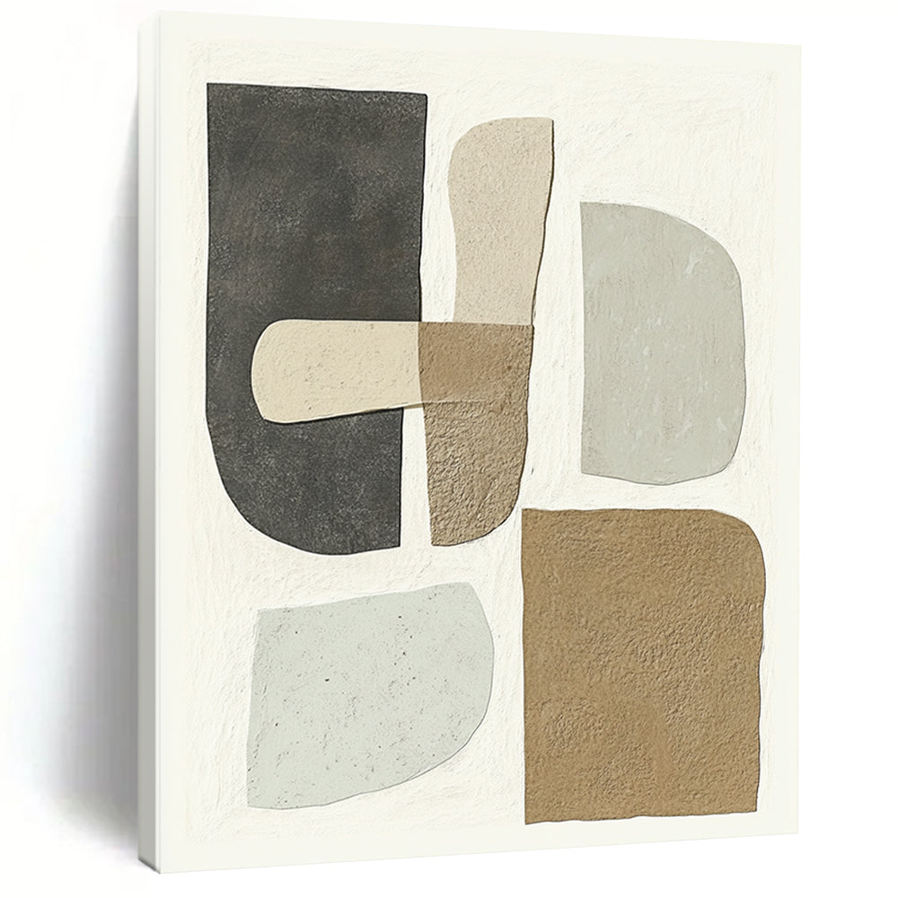 Contemporary hand-painted abstract artwork featuring minimalist shapes in soft gray beige and brown tones on a white background highlights unique textured forms. DLZ1344