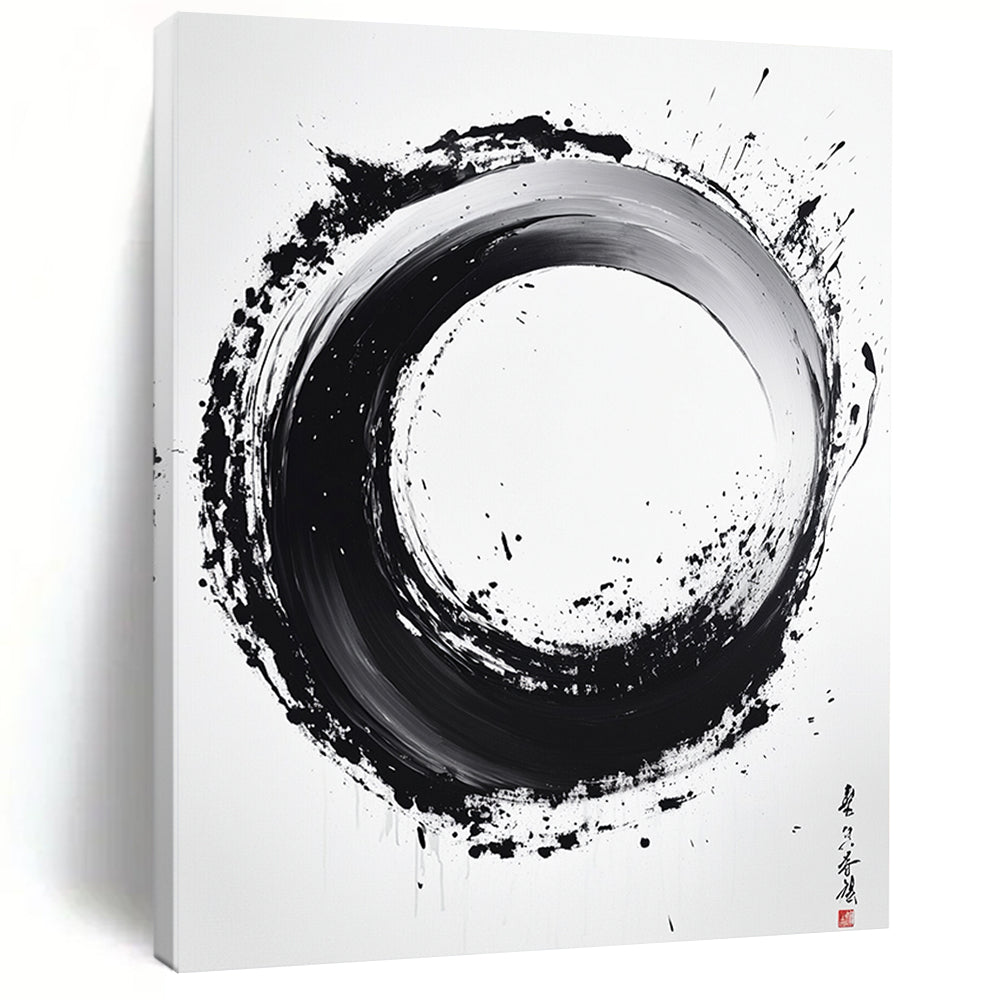 Black and White Textured Circle "Rustic Enso" Painting On Canvas HB288