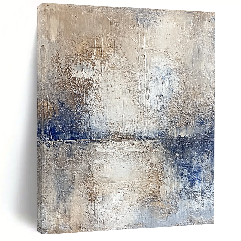 Contemporary hand-painted abstract artwork depicting a serene lake and sky with textured beige tones and vibrant blue accents for a striking visual experience. DLZ0471