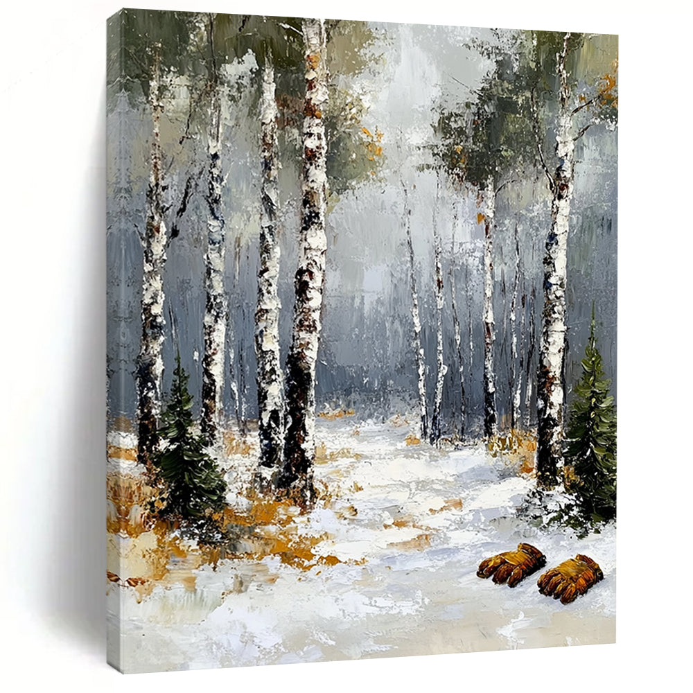 Contemporary abstract art featuring a winter birch forest with a grey sky textured brush strokes and fuzzy gloves in the foreground. DLZ1678