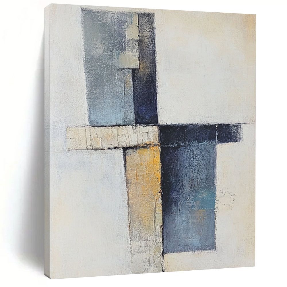 Contemporary abstract artwork showcasing a cross with soft shapes in earthy tones and blue-gray, featuring a vertical line and scattered blocks. DLZ0969