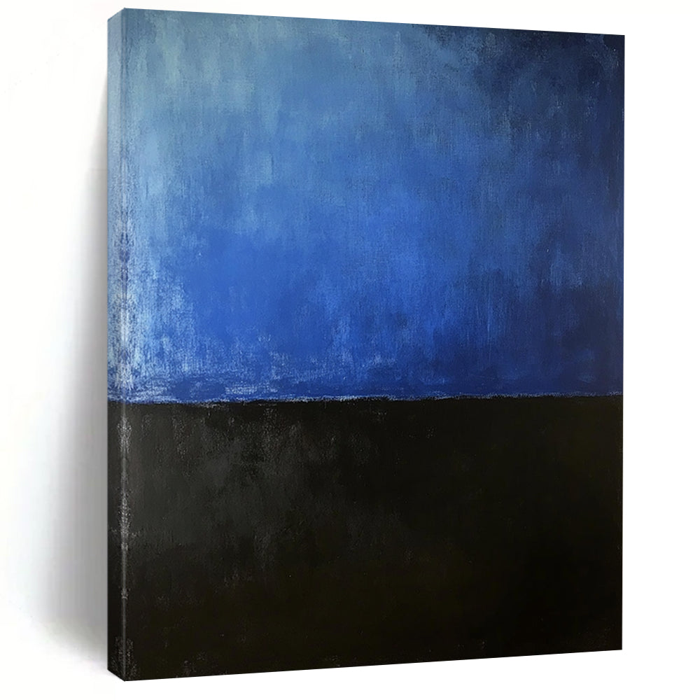 Contemporary hand-painted abstract artwork featuring dark navy and soft gradient sky-blue evokes mystery solitude and introspection. DLZ1592