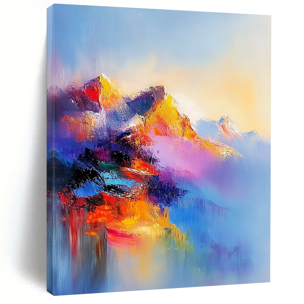 Contemporary abstract oil painting featuring an ethereal mountain range in vibrant colors with misty atmosphere and dreamlike light effects. DLZ0459