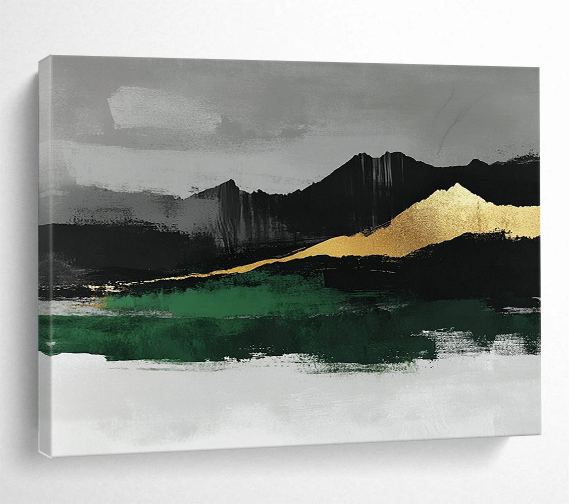 “Gold - Mountain Landscape with Green” - Gold, Green, Black, Gray, Mountain Shapes Painting On Canvas HB0808